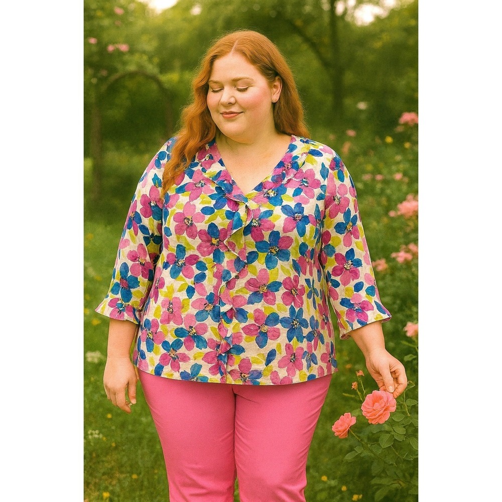 Investments Woman Riley Blouse 2XL Pink Floral Ruffle Top Barbiecore Cottagecore